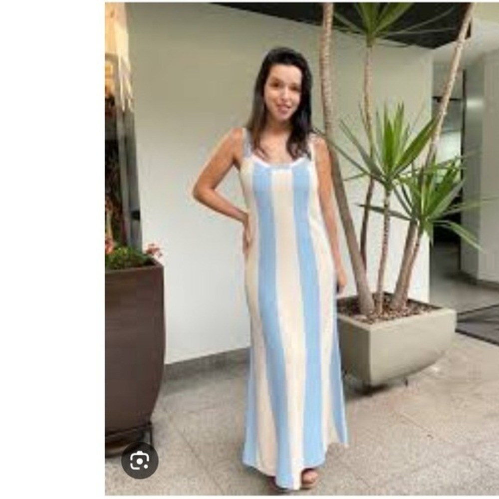 Viviane Furrier Luxury Knit Old Money Striped Maxi Dress Blue Cream Summer S